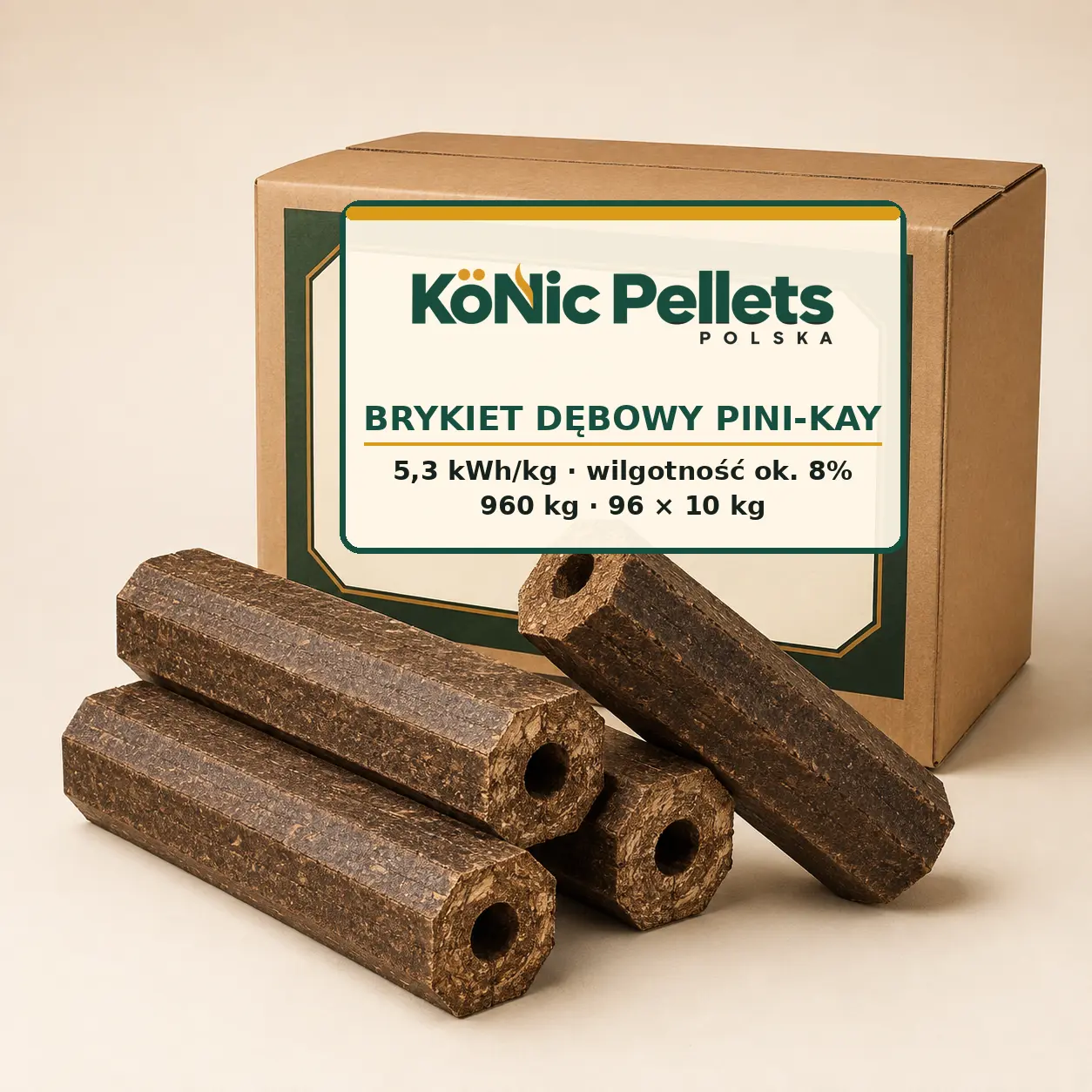 Brykiet dębowy Pini-Kay i opakowanie 10 kg